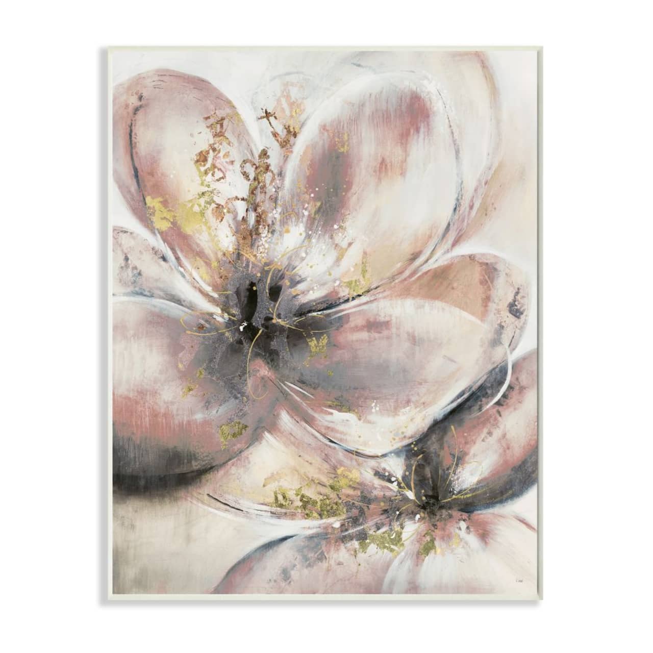 Stupell Industries Glam Pink Beige Flower Petals Floral Gold Painting Wood Wall Plaque